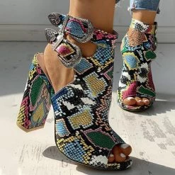 Mollyshoe Snakeskin Ankle Buckled Chunky Heels