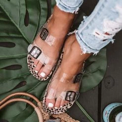 Mollyshoe Clear Straps Silver Buckles Cheetah Slippers Weekly Best Seller