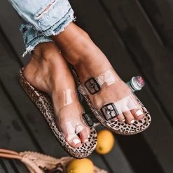 Mollyshoe Clear Straps Silver Buckles Cheetah Slippers Weekly Best Seller