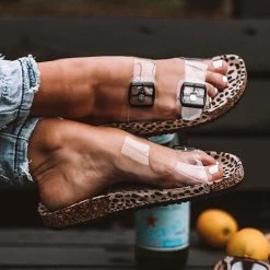 Mollyshoe Clear Straps Silver Buckles Cheetah Slippers Weekly Best Seller