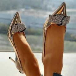 Mollyshoe Pointed Toe Studded Bowknot Slingback Thin Heels