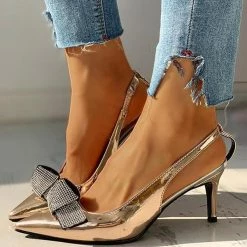 Mollyshoe Pointed Toe Studded Bowknot Slingback Thin Heels