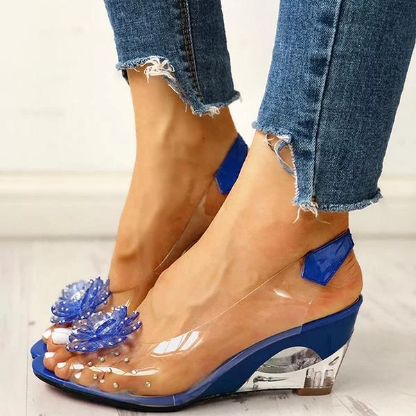 Mollyshoe Studded Flower Design Transparent Wedge Sandals Heels 10 Mollyshoe Studded Flower Design Transparent Wedge Sandals Heels