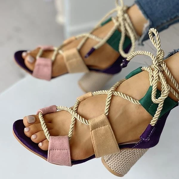 Mollyshoe Colourblock Lace-up Chunky Heels Open Toe Sandals 7 Mollyshoe Colourblock Lace-up Chunky Heels Open Toe Sandals