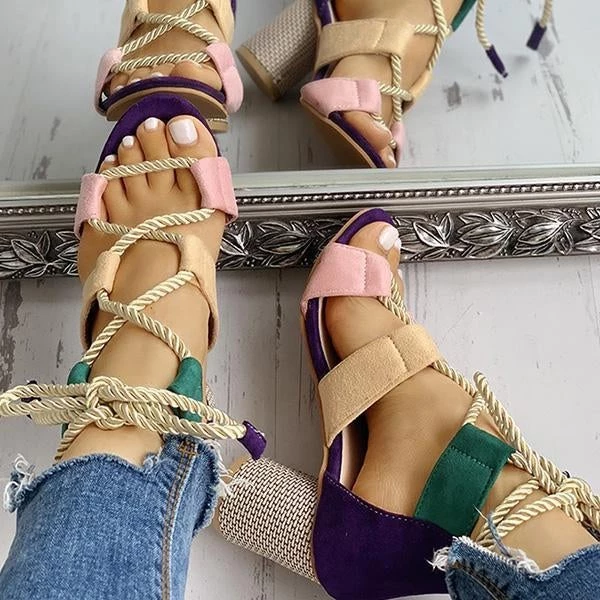 Mollyshoe Colourblock Lace-up Chunky Heels Open Toe Sandals 10 Mollyshoe Colourblock Lace-up Chunky Heels Open Toe Sandals
