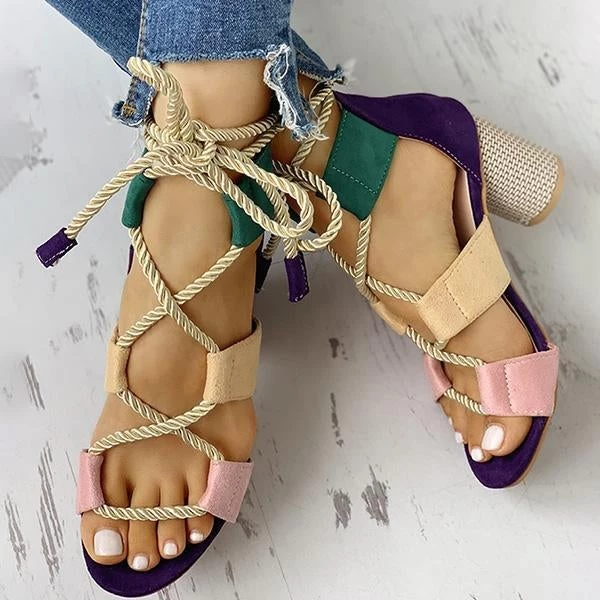 Mollyshoe Colourblock Lace-up Chunky Heels Open Toe Sandals 9 Mollyshoe Colourblock Lace-up Chunky Heels Open Toe Sandals