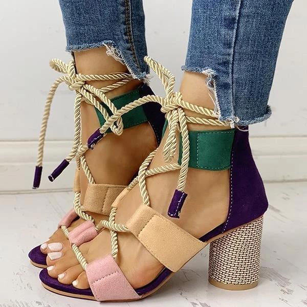 Mollyshoe Colourblock Lace-up Chunky Heels Open Toe Sandals 8 Mollyshoe Colourblock Lace-up Chunky Heels Open Toe Sandals