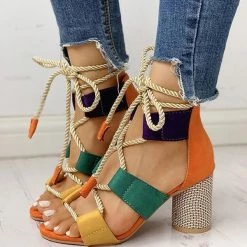Mollyshoe Colourblock Lace-up Chunky Heels Open Toe Sandals