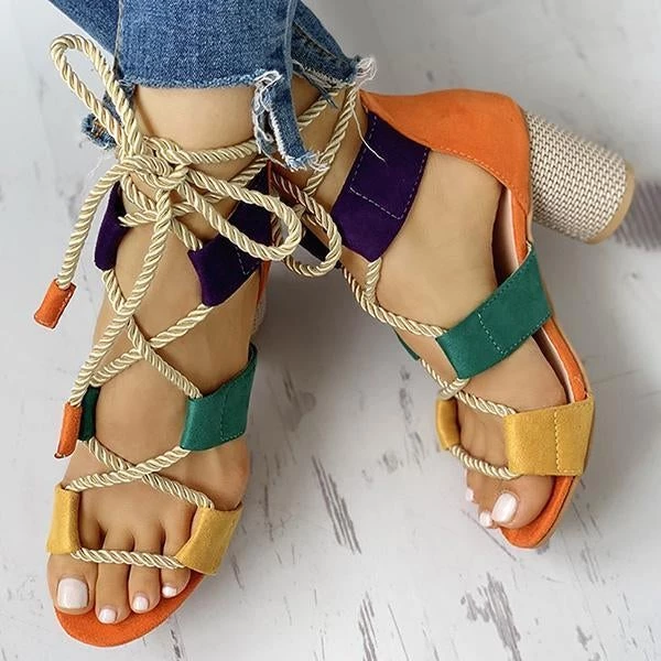 Mollyshoe Colourblock Lace-up Chunky Heels Open Toe Sandals 5 Mollyshoe Colourblock Lace-up Chunky Heels Open Toe Sandals