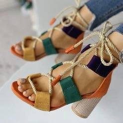 Mollyshoe Colourblock Lace-up Chunky Heels Open Toe Sandals