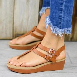 Mollyshoe Adjustable Buckle T-Strap Wedge Sandals