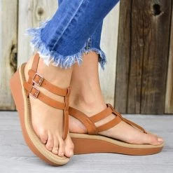 Mollyshoe Adjustable Buckle T-Strap Wedge Sandals