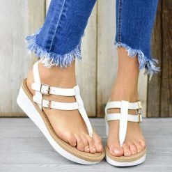 Mollyshoe Adjustable Buckle T-Strap Wedge Sandals