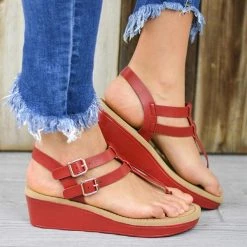 Mollyshoe Adjustable Buckle T-Strap Wedge Sandals