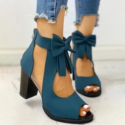 Mollyshoe Peep Toe Mesh Insert Bowknot Chunky Heeled Sandals