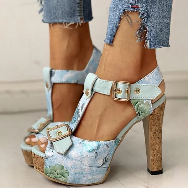Mollyshoe Flower Print Peep Toe Platform Chunky Heels 7 Mollyshoe Flower Print Peep Toe Platform Chunky Heels