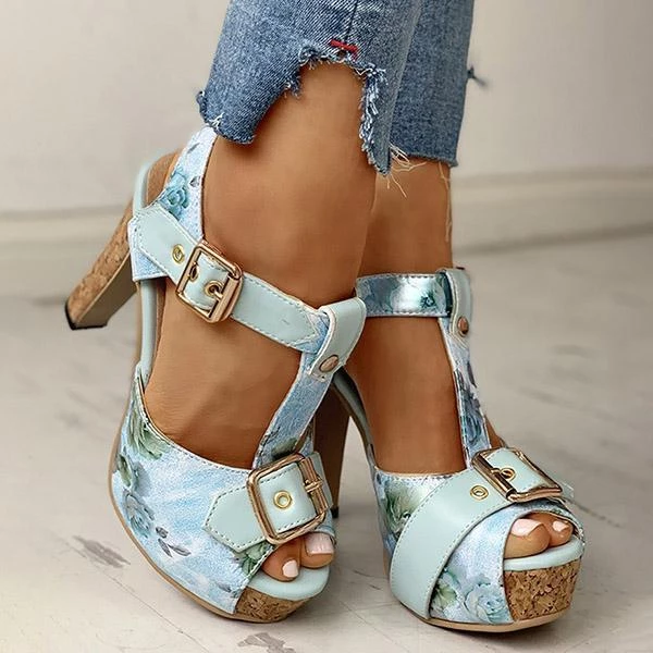 Mollyshoe Flower Print Peep Toe Platform Chunky Heels 10 Mollyshoe Flower Print Peep Toe Platform Chunky Heels
