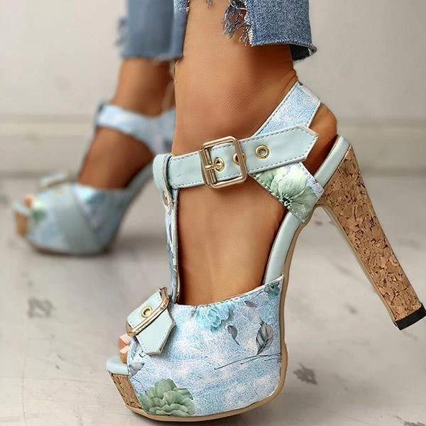 Mollyshoe Flower Print Peep Toe Platform Chunky Heels 9 Mollyshoe Flower Print Peep Toe Platform Chunky Heels