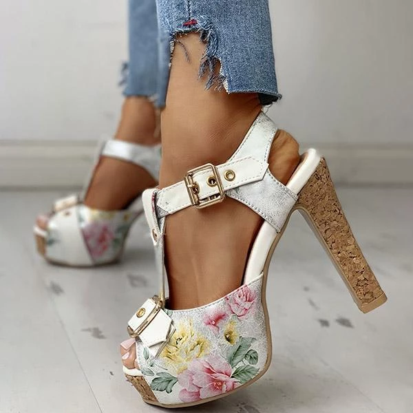 Mollyshoe Flower Print Peep Toe Platform Chunky Heels 14 Mollyshoe Flower Print Peep Toe Platform Chunky Heels