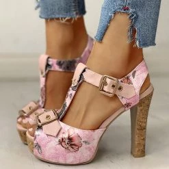 Mollyshoe Flower Print Peep Toe Platform Chunky Heels