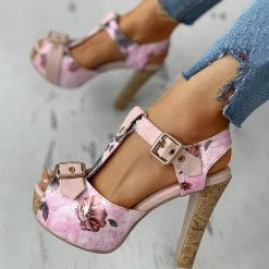 Mollyshoe Flower Print Peep Toe Platform Chunky Heels