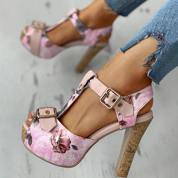 Mollyshoe Flower Print Peep Toe Platform Chunky Heels 4 Mollyshoe Flower Print Peep Toe Platform Chunky Heels