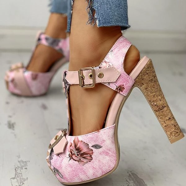 Mollyshoe Flower Print Peep Toe Platform Chunky Heels 5 Mollyshoe Flower Print Peep Toe Platform Chunky Heels