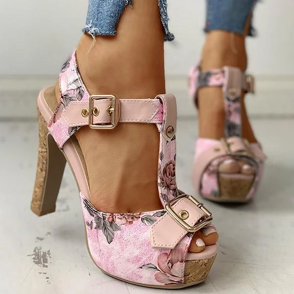 Mollyshoe Flower Print Peep Toe Platform Chunky Heels 6 Mollyshoe Flower Print Peep Toe Platform Chunky Heels