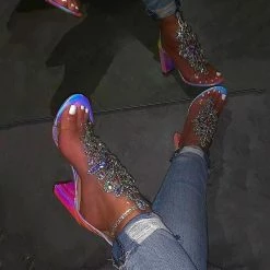 Mollyshoe Line-Style Buckle Open Toe Chunky Covering Casual Rhinestone Heels