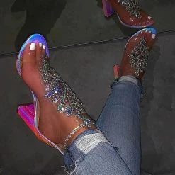 Mollyshoe Line-Style Buckle Open Toe Chunky Covering Casual Rhinestone Heels