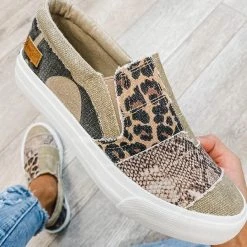 Mollyshoe Pieced Raw Edge Animal Print Canvas Slip-On Flats Sneakers