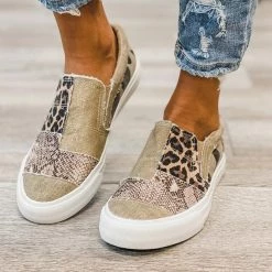 Mollyshoe Pieced Raw Edge Animal Print Canvas Slip-On Flats Sneakers