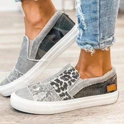 Mollyshoe Pieced Raw Edge Animal Print Canvas Slip-On Flats Sneakers