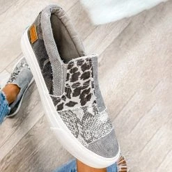 Mollyshoe Pieced Raw Edge Animal Print Canvas Slip-On Flats Sneakers