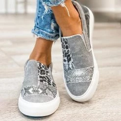 Mollyshoe Pieced Raw Edge Animal Print Canvas Slip-On Flats Sneakers