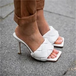 Mollyshoe Square Open Toe Heeled Woven Leather Mule Slip On Quilted High Heels