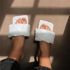 Mollyshoe Square Open Toe Heeled Woven Leather Mule Slip On Quilted High Heels