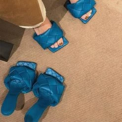 Mollyshoe Square Open Toe Heeled Woven Leather Mule Slip On Quilted High Heels