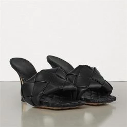 Mollyshoe Square Open Toe Heeled Woven Leather Mule Slip On Quilted High Heels