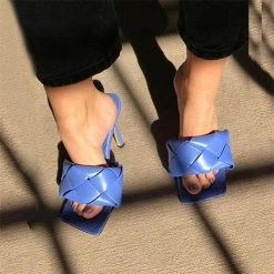 Mollyshoe Square Open Toe Heeled Woven Leather Mule Slip On Quilted High Heels