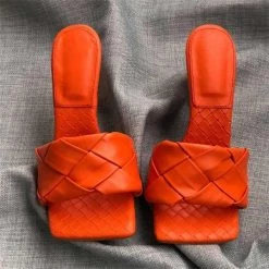 Mollyshoe Square Open Toe Heeled Woven Leather Mule Slip On Quilted High Heels