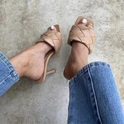 Mollyshoe Square Open Toe Heeled Woven Leather Mule Slip On Quilted High Heels