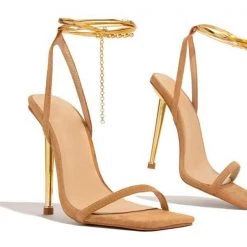 Mollyshoe Herringbone Adjustable Ankle Chain Open Squared Toe Heels