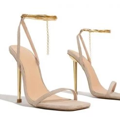 Mollyshoe Herringbone Adjustable Ankle Chain Open Squared Toe Heels