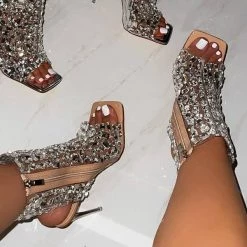 Mollyshoe Clear Gem Embellished Square Toe Heels Weekly Best Seller