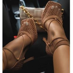 Weekly Best Seller Mollyshoe Fishnet Squared Toe Lace Up Heels