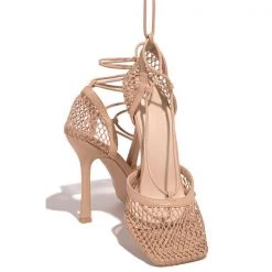 Weekly Best Seller Mollyshoe Fishnet Squared Toe Lace Up Heels