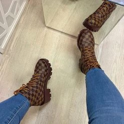 Weekly Best Seller Mollyshoe Checkerboard Pattern Lace Up Chunky Sole Boots