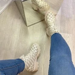 Weekly Best Seller Mollyshoe Checkerboard Pattern Lace Up Chunky Sole Boots