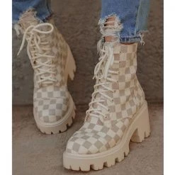 Weekly Best Seller Mollyshoe Checkerboard Pattern Lace Up Chunky Sole Boots